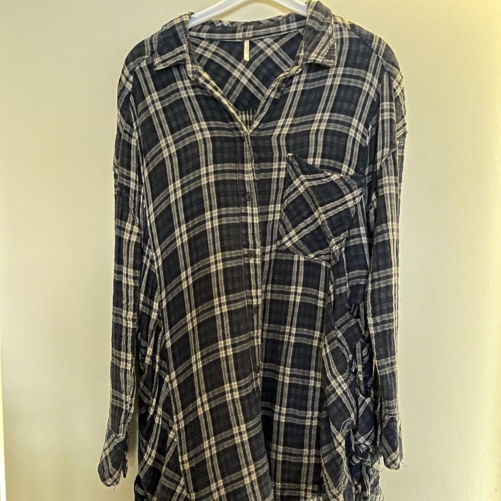Free People navy plaid oversized shirt.
